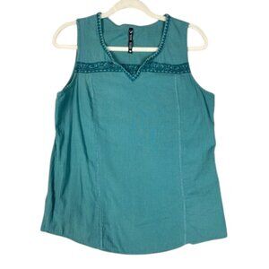 Kuhl Katrin organic cotton blouse popover tank v-neck teal green embroidered